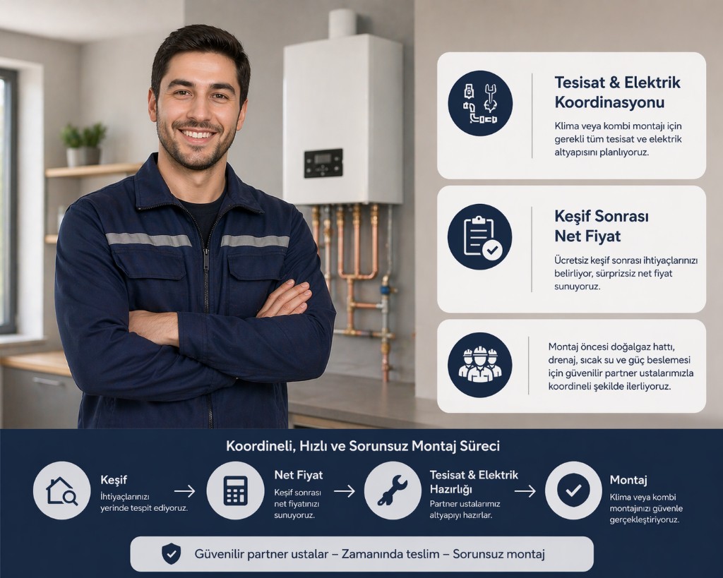 Keşiften montaja koordineli süreç; tesisat ve elektrik hazırlığı, net fiyat ve güvenilir partner usta vurgulu infografik